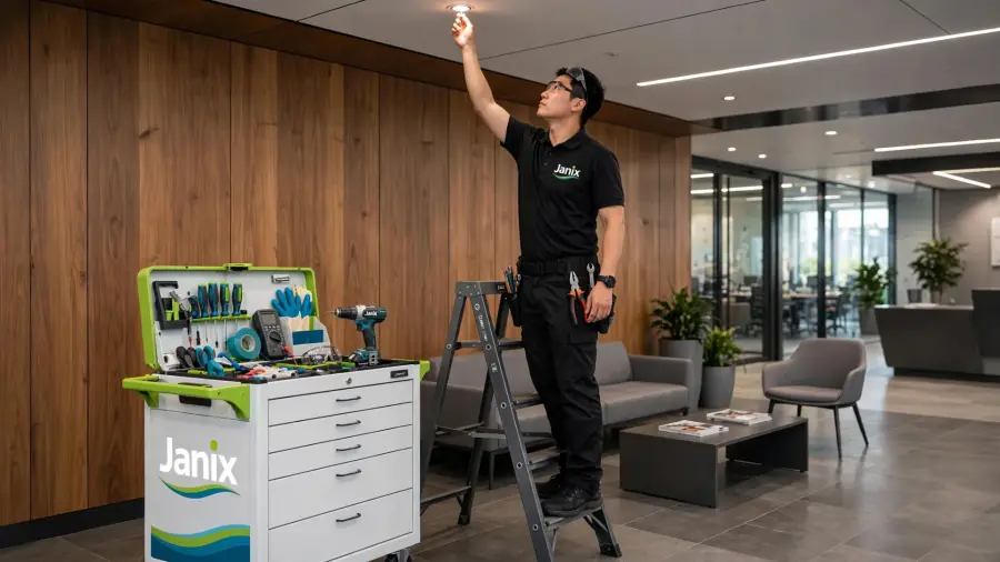 Organised Janix-branded tool cart and ladder in a corporate lobby as a technician services a ceiling light.
